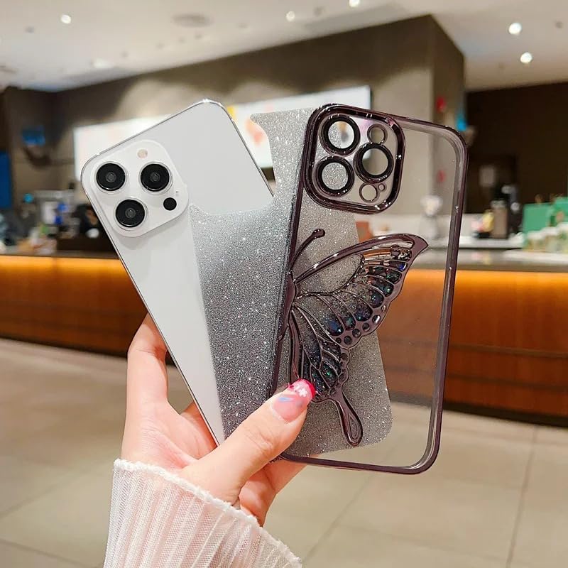 Erams Online Luxury Quicksand Glitter Butterfly Case for iPhone 16 Pro (Black)