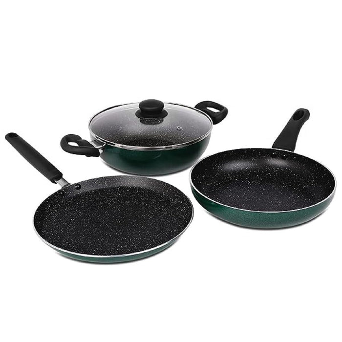 Prestige Omega Deluxe Granite Non-Stick Cookware 3 Pc Set | Omni Tawa 25 cm | Fry Pan 24 cm | Kadai with Glass Lid 24 cm | Moss Green