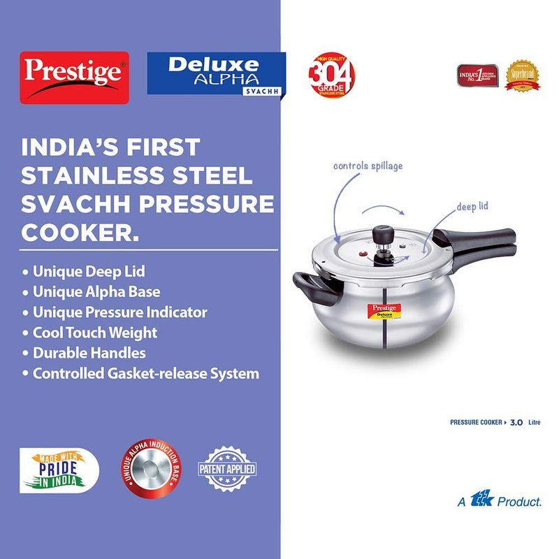 Prestige Svachh Deluxe Alpha Mini Pressure Handi with Deep Lid for Spillage Control 3 L Stainless Steel Silver Outer Lid