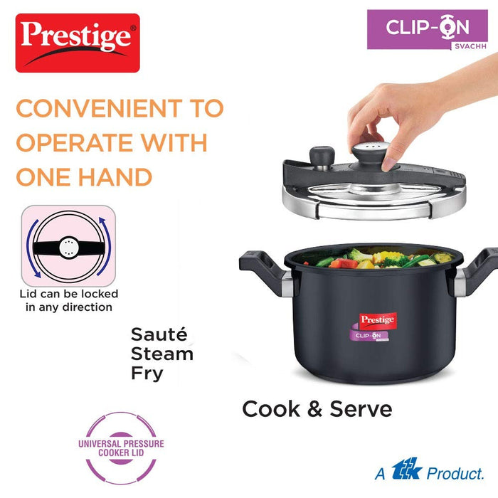 Prestige Svachh Clip-on 5 Liter Hard Anodised Outer Lid Aluminium Pressure Cooker, Black