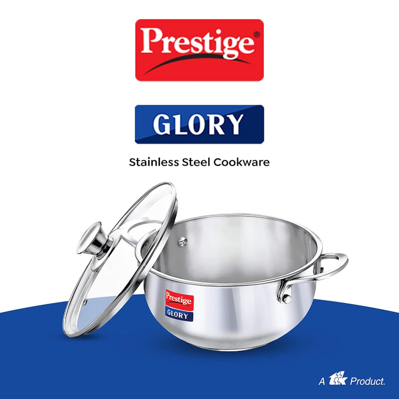 Prestige Glory Stainless Steel Cookware Kadai 22 Cm / 3.5 Liter with Glass Lid