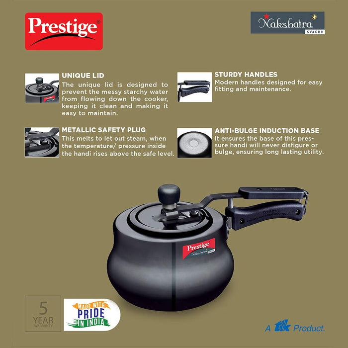 Prestige 3 Litres Nakshatra Plus Svachh Induction Base Inner Lid Hard Anodized Pressure Cooker | Black | Deep lid Spillage Control | Handi | Anti-Bulge Base | Sturdy Handle | Eachdaykart