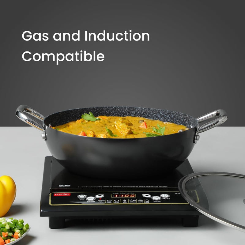 Prestige 4.23L Durastone Hard anodised Non-Stick kadai(28cm) with Glass lid