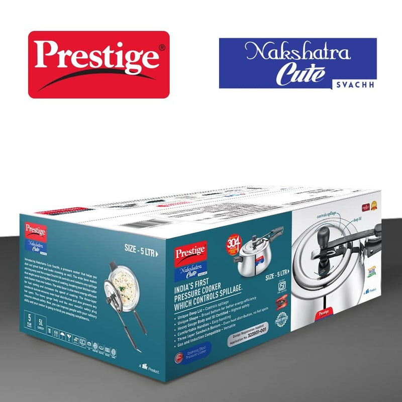 Prestige Nakshatra Cute Svachh Stainless Steel Inner Lid Pressure Cooker with Unique Deep Lid for Spillage Control 5 Litre Silver