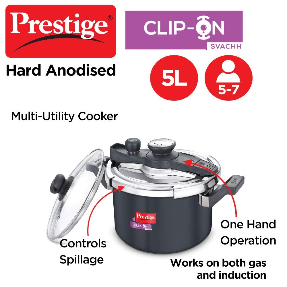Prestige Svachh Clip-on 5 Liter Hard Anodised Outer Lid Aluminium Pressure Cooker, Black