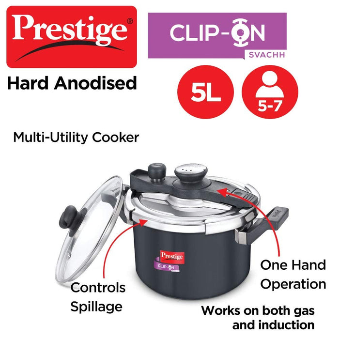 Prestige Svachh Clip-on 5 Liter Hard Anodised Outer Lid Aluminium Pressure Cooker, Black