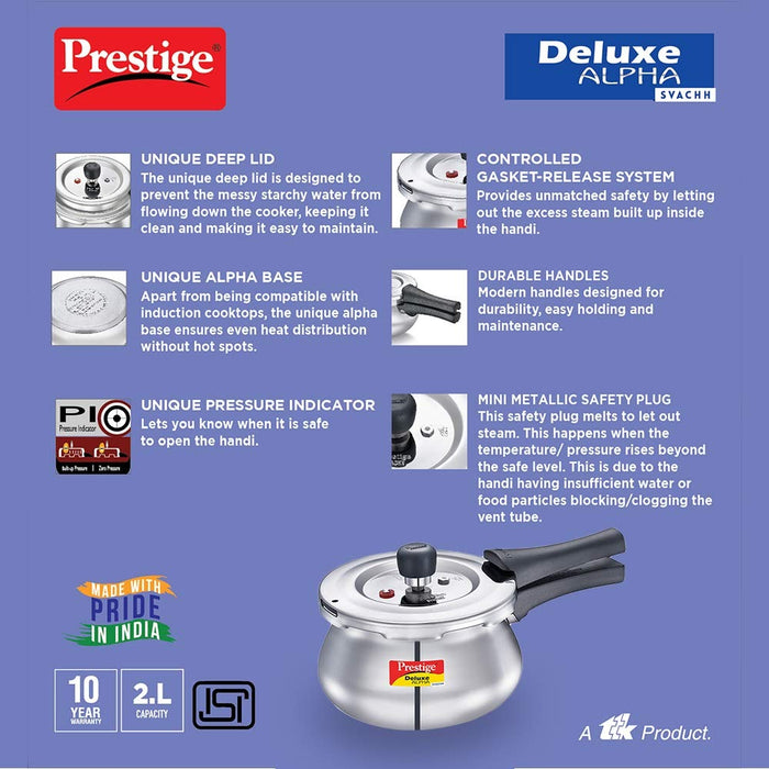 Prestige Svachh, 20266, 2 L, Alpha Baby Handi, With Deep Lid For Spillage Control, Stainless Steel, Silver, Outer Lid, 2 Liter