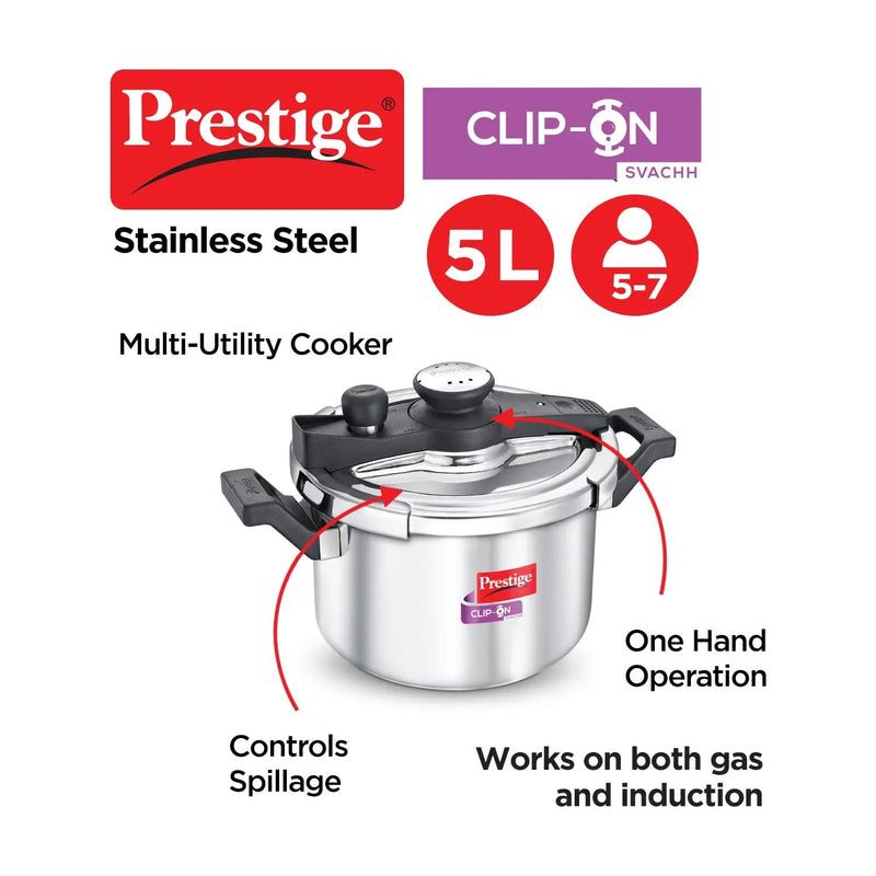Prestige 5 Litre Svachh Clip-on Induction Base Outer Lid Stainless Steel Pressure Cooker