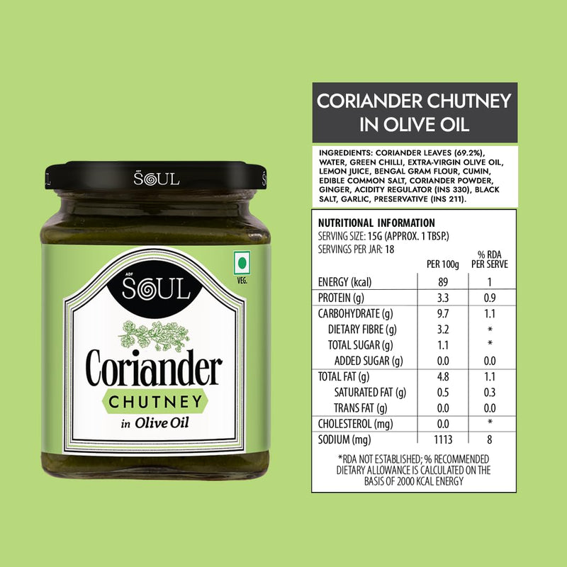 Soul Coriander Chutney in Olive Oil 270 Grams - A Flavorful Blend of Freshness and Spice