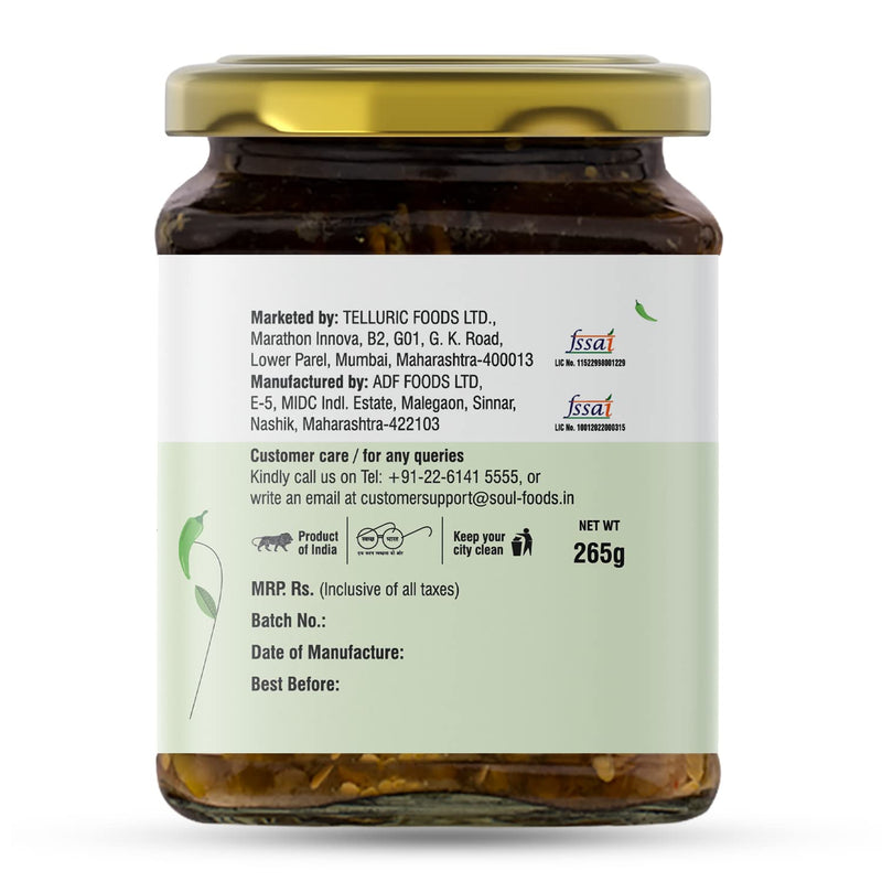 Soul Green Chilli Pickle in Olive Oil 265 Grams - A Spicy Fusion Infused with Premium Olive Oil