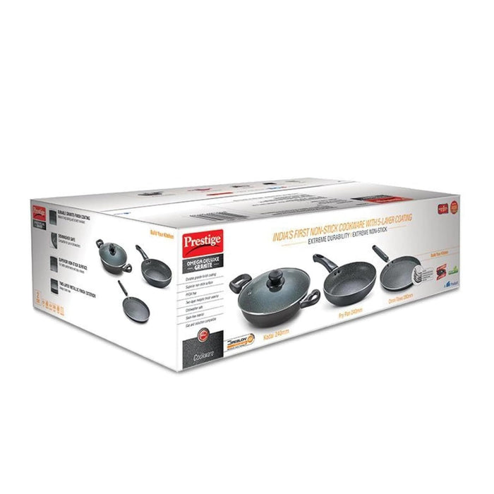 Prestige Omega Deluxe Granite Aluminium 3 Pcs Set- Tawa, Fry Pan & Kadai with 1 Glass Lid