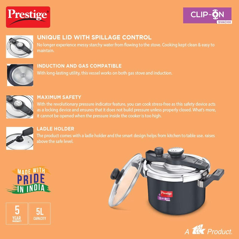 Prestige Svachh Clip-on 5 Liter Hard Anodised Aluminium Pressure Cooker Black