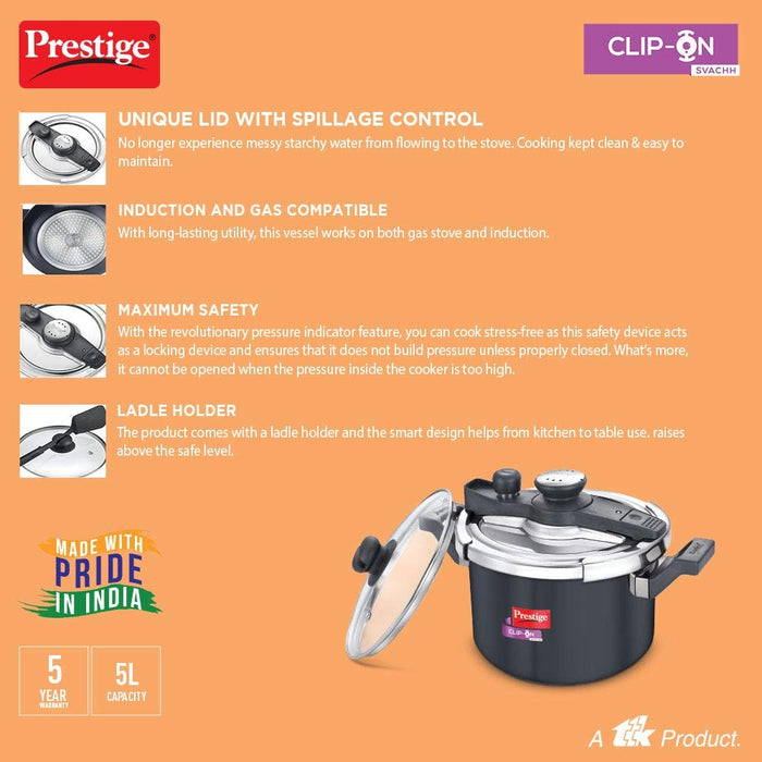 Prestige Svachh Clip-on 5 Liter Hard Anodised Outer Lid Aluminium Pressure Cooker, Black