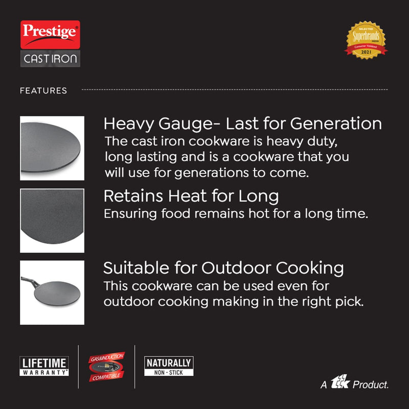 Prestige Cast Iron Concave Tawa, 250 mm (Black)