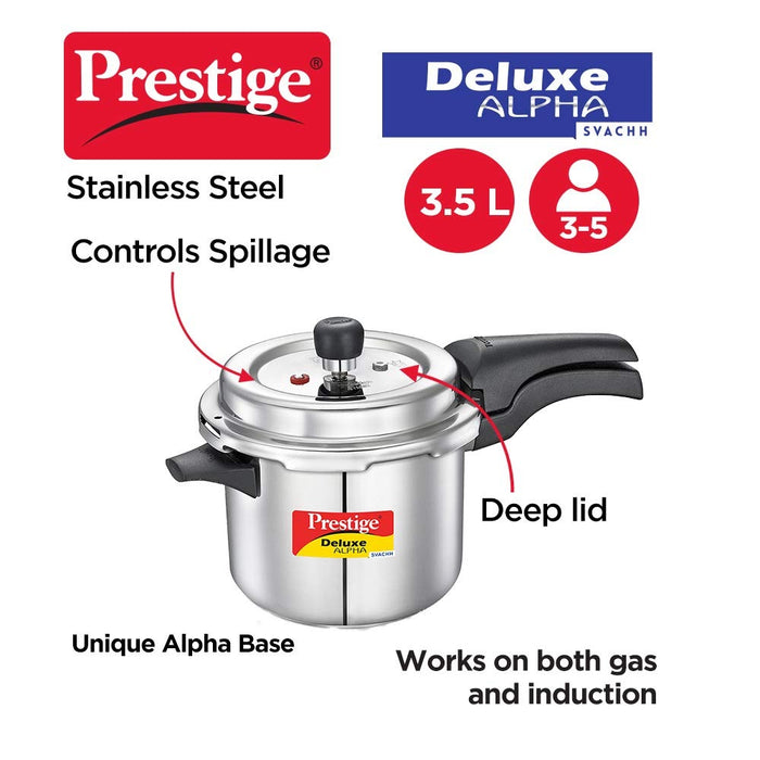 Prestige Svachh Deluxe Alpha Induction Base Outer Lid Stainless Steel Pressure Cooker | Deep Lid controls spillage | 3.5 Litres | Silver | Pressure Indicator | Straight Wall | Gasket-Release System | Eachdaykart