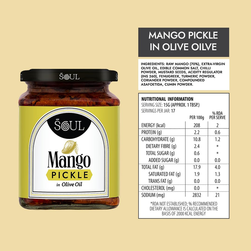 Soul Mango Pickle in Olive Oil 265 Grams - A Tangy Delight Made with Olive Oil