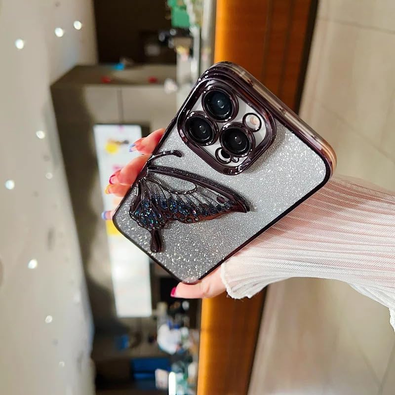 Erams Online Luxury Quicksand Glitter Butterfly Case for iPhone 16 Pro (Black)