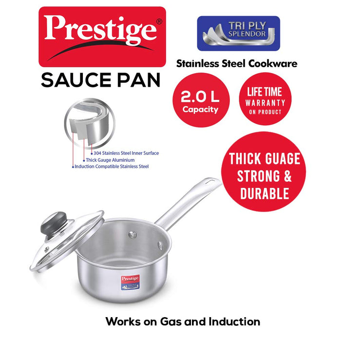 Prestige Tri Ply Splendor Sauce Pan, 180mm, 2 litres