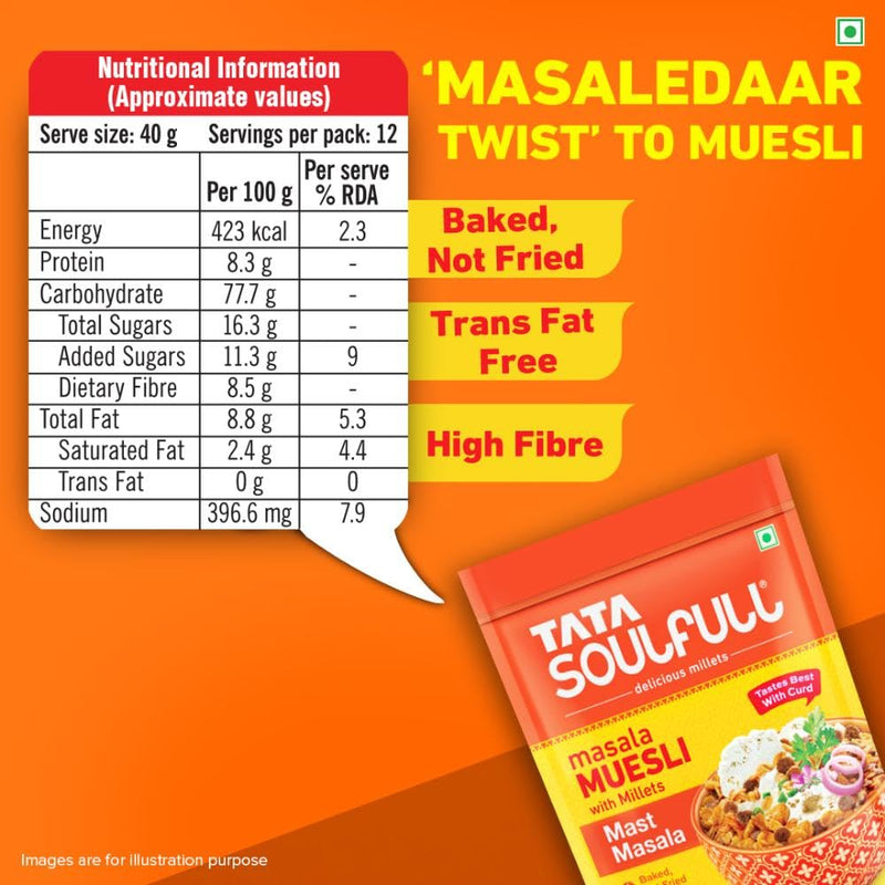 Tata Soulfull Masala Muesli Mast Masala 500g High Fibre Trans Fat-Free Breakfast