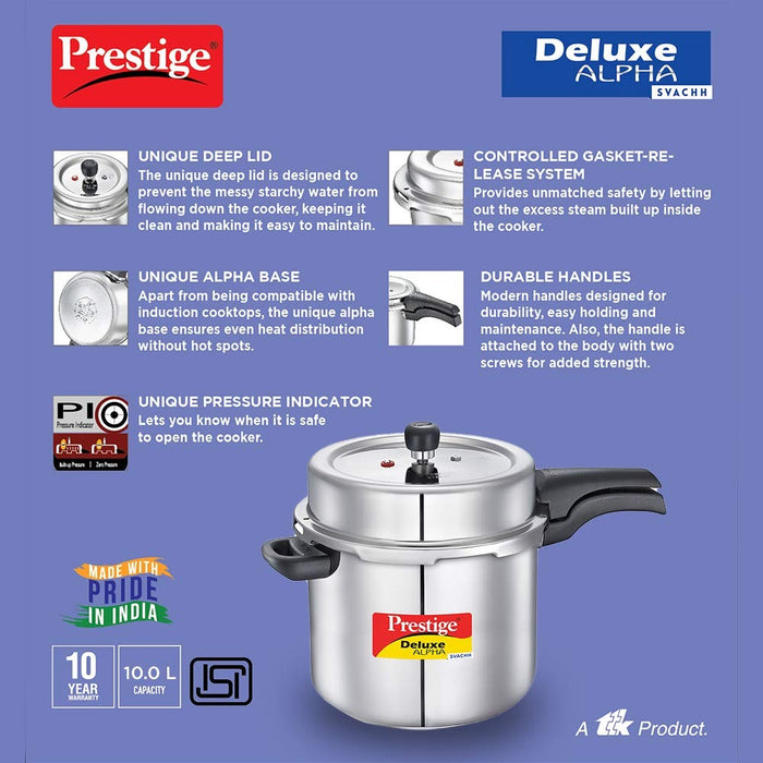 Prestige 10 litres svachh deluxe alpha induction base outer lid stainless steel pressure cooker