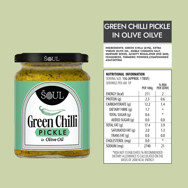 Soul Green Chilli Pickle in Olive Oil 265 Grams - A Spicy Fusion Infused with Premium Olive Oil