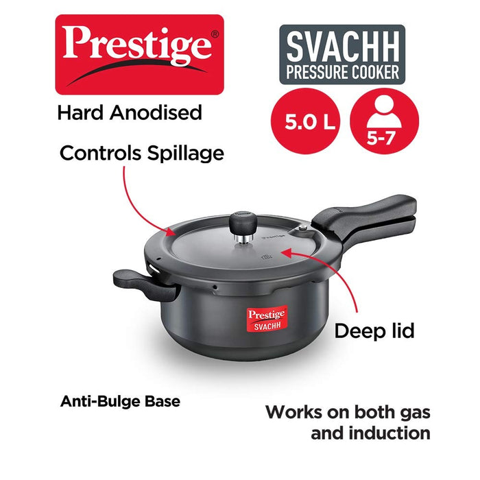 Prestige Svachh, 20278, 5 L, Sr. Pressure Pan, With Deep Lid For Spillage Control, Outer Lid, Aluminium, Black, 5 Liter | Eachdaykart