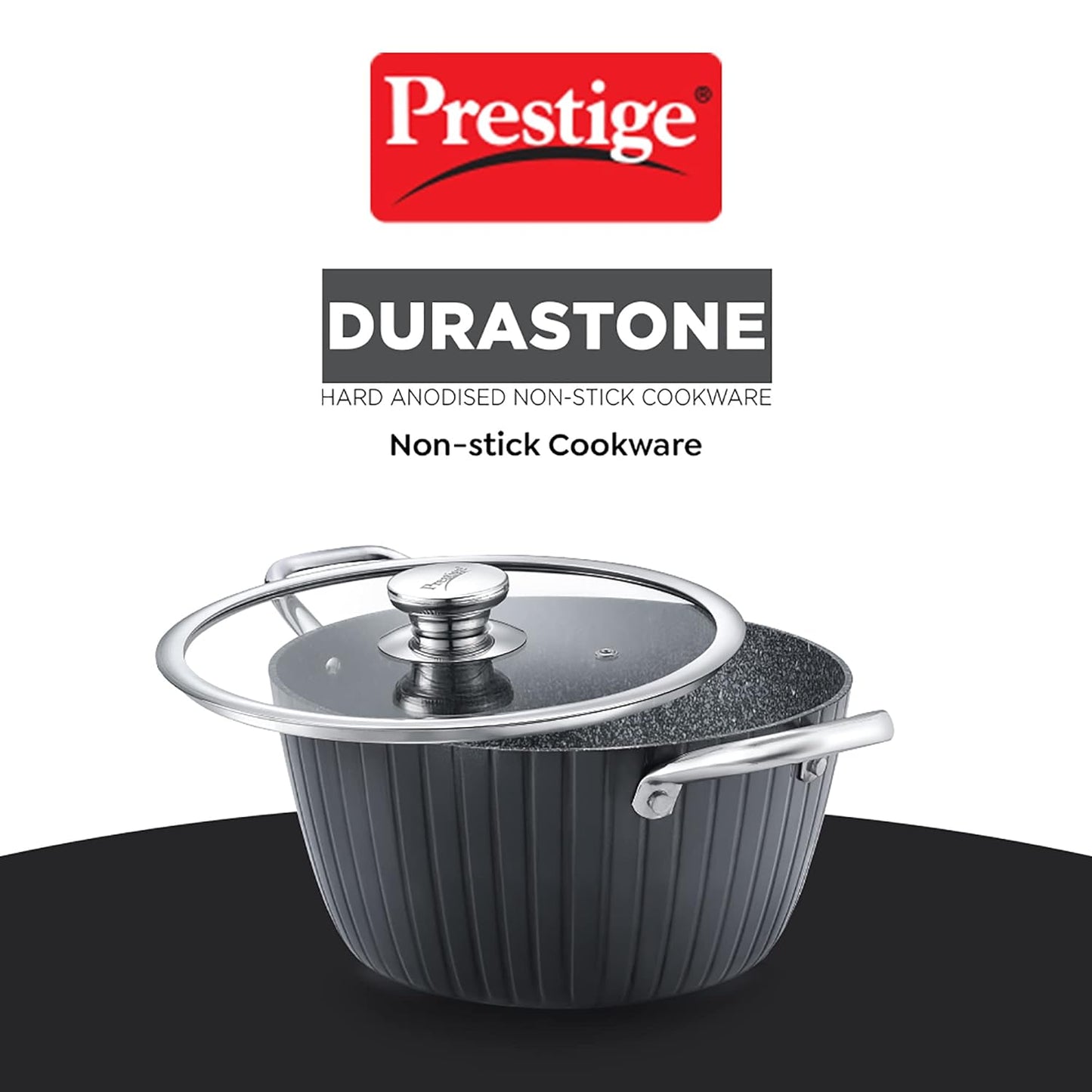 Prestige Durastone Hard Anodised 6 Layer Non-Stick Casserole with Glass Lid, (24 cm, 4 Litre) (Black)