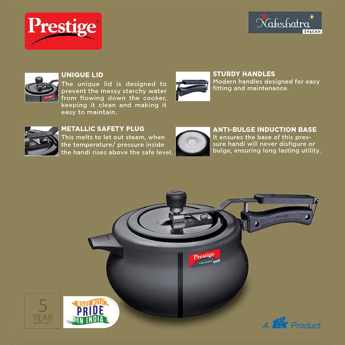 Prestige 5 litres svachh nakshatra plus induction base inner lid hard anodised pressure handi