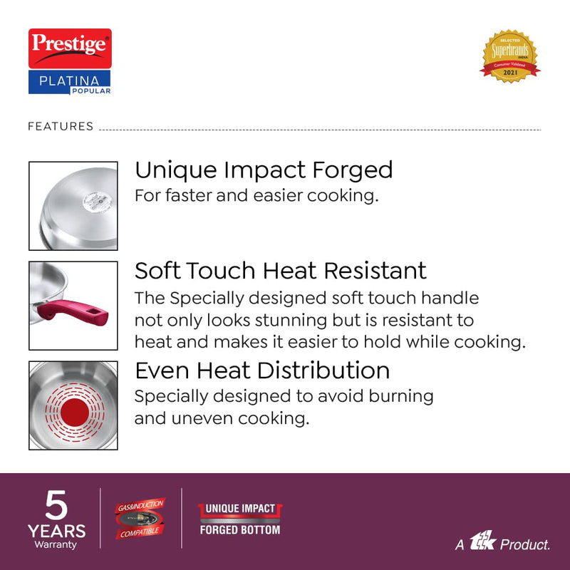 Prestige Platina Popular Stainless Steel Gas and Induction Compatible Fry Pan, 240 mm