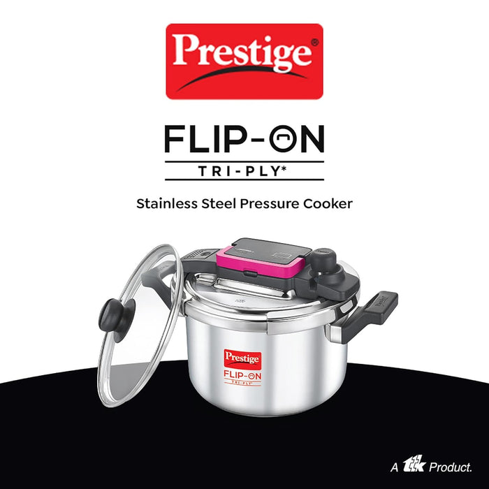 Prestige FLIP-ON TRI-PLY Stainless Steel Pressure Cooker with Glass Lid 22cm(5L, Silver and Black, Innovative Lock Lid with Spillage Control) | Eachdaykart