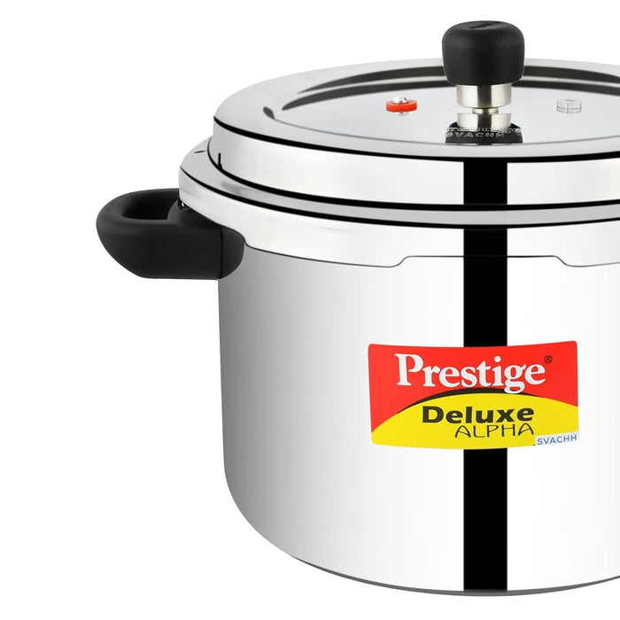 Prestige 6.5 Litres Deluxe Alpha Svachh Induction Base Outer Lid Stainless Steel Pressure Cooker | Deep lid controls spillage| Silver | Pressure Indicator | Gasket-Release System | Anti-Bulge Base | Eachdaykart