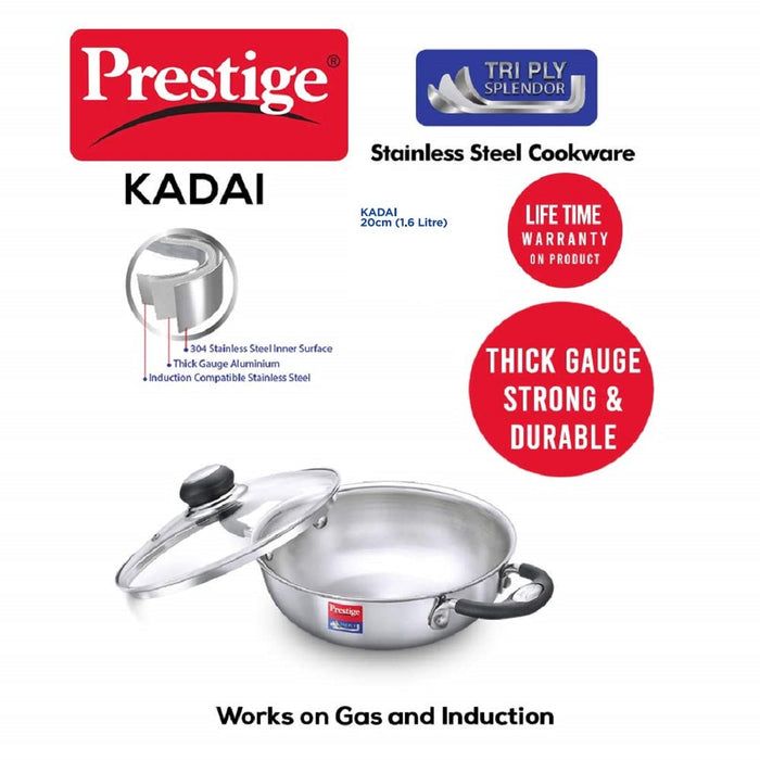 Prestige Tri-Ply Splendor Kadai with Glass Lid(20cm,1.6L Capacity)