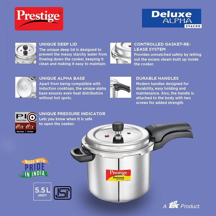 Prestige 5.5 Litres Svachh Deluxe Alpha Induction Base Outer Lid Stainless Steel Pressure Cooker