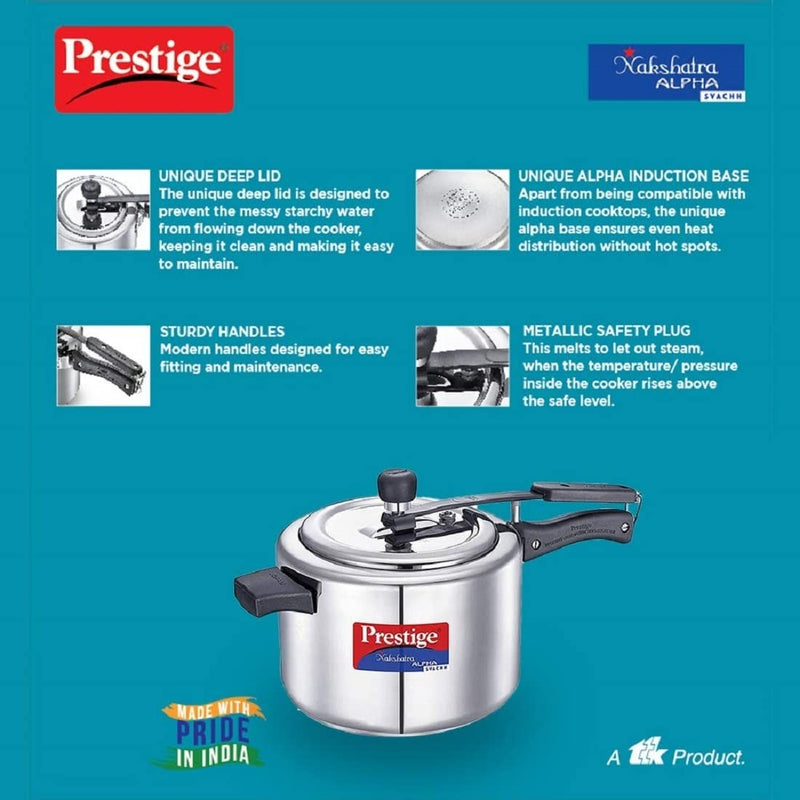 Prestige Svachh, 20246, 5 L, Nakshatra Alpha Straight Wall, with Deep Lid for Spillage Control (Inner Lid, Stainless Steel, Silver)