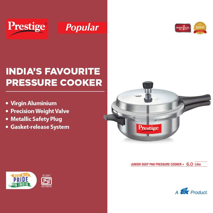 Prestige Popular Virgin Aluminium Senior Deep Pan Outer Lid Pressure Cooker, 6 L (Silver) | Eachdaykart