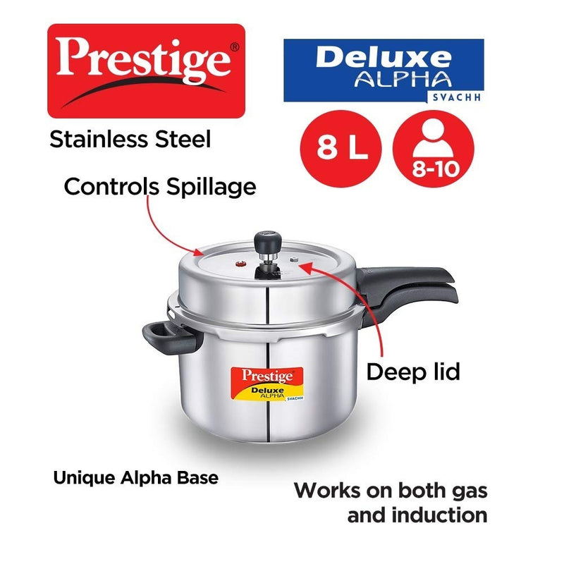 Prestige 8 litres svachh deluxe alpha induction base outer lid stainless steel pressure cooker with deep lid controls spillage silver