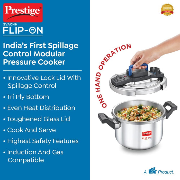 Prestige 5L Svachh FLIP-ON Stainless Steel Tri-ply bottom Pressure Cooker with glass lid, Innovative lock lid with spillage control, Gas & Induction compatible, 5 years warranty, Silver | Eachdaykart