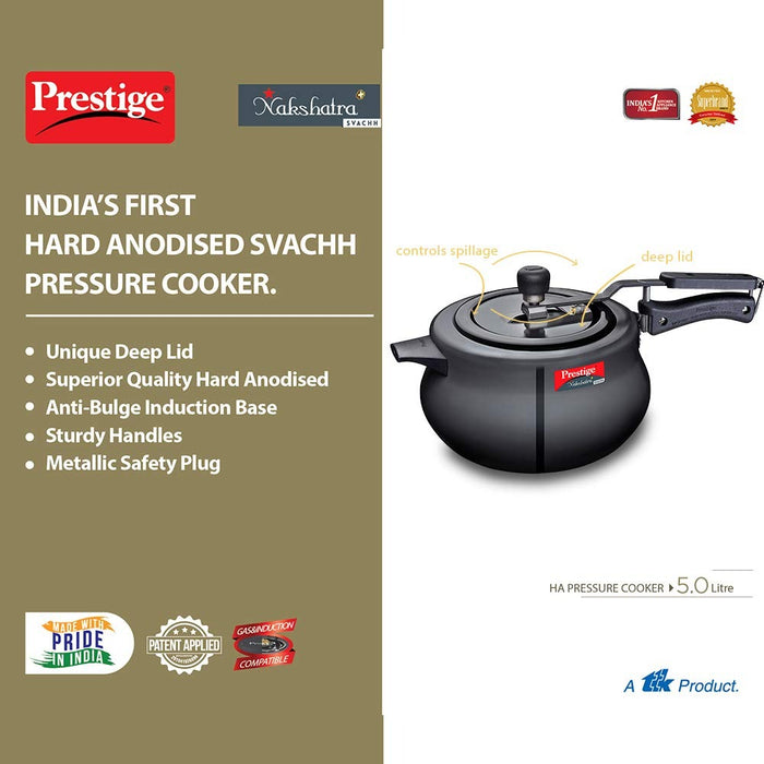 Prestige 5 litres svachh nakshatra plus induction base inner lid hard anodised pressure handi