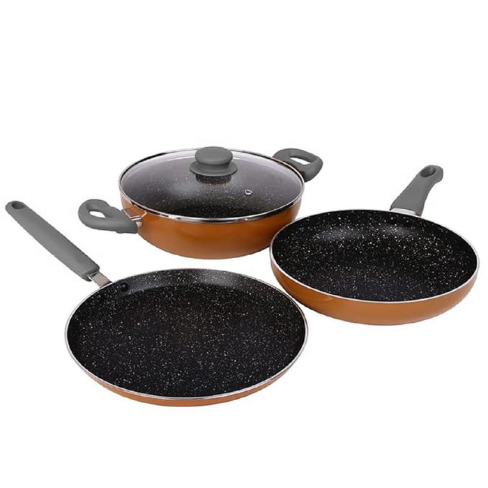 Prestige Omega Deluxe Non-Stick Cookware 3 Pc Set | Fry Pan 24 cm | Kadai with Glass Lid 24 cm | Brown