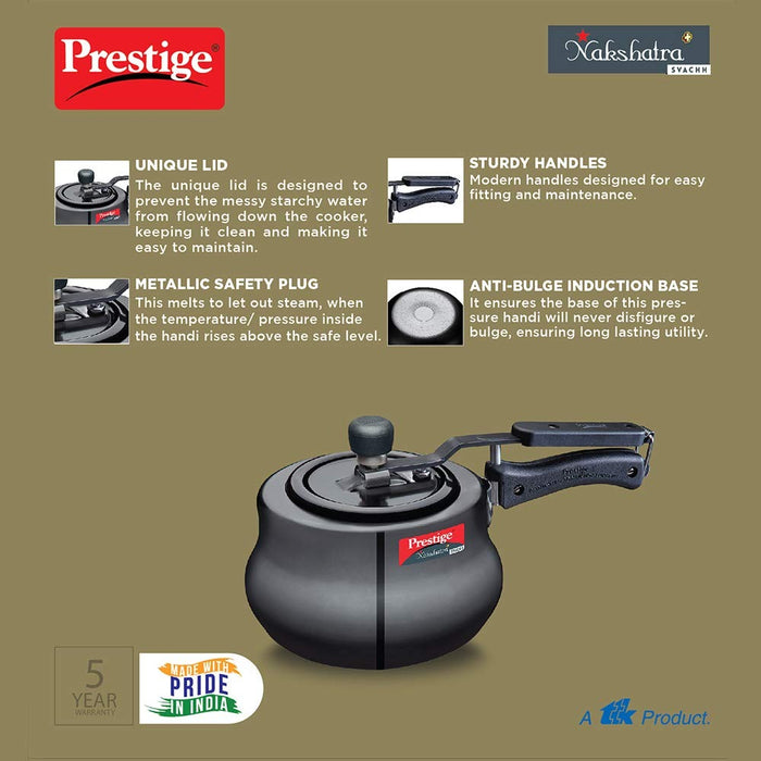 Prestige 2 Litres Svachh Induction Base Inner Lid Hard Anodised Handi| Black | Deep Lid Spillage Control | Metallic Safety Plug | Anti-Bulge Base | Eachdaykart