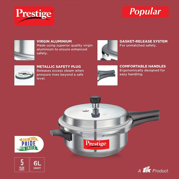 Prestige Popular Virgin Aluminium Senior Deep Pan Outer Lid Pressure Cooker, 6 L (Silver) | Eachdaykart