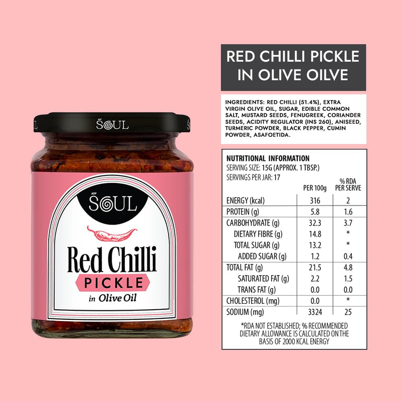 Soul Red Chilli Pickle in Olive Oil 265 Grams - A Fiery Fusion Infused with Premium Olive Oil