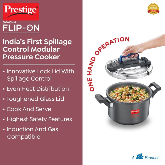 Prestige svachh flip-on hard anodised spillage control outer lid pressure cooker with glass lid 5 litre black