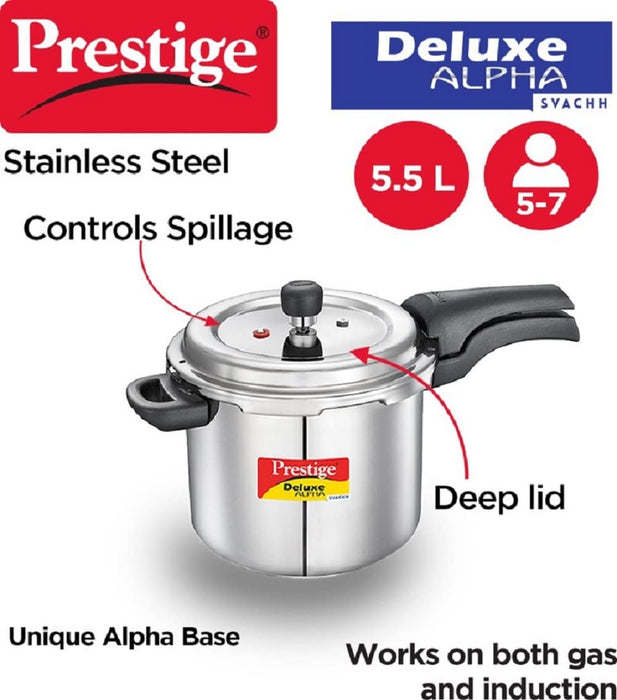 Prestige 5.5 Litres Svachh Deluxe Alpha Induction Base Outer Lid Stainless Steel Pressure Cooker