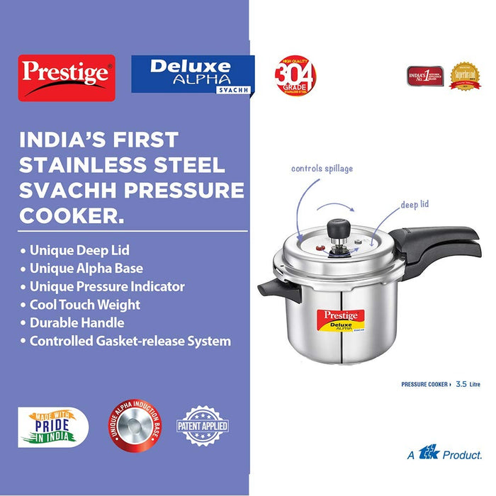 Prestige Svachh Deluxe Alpha Induction Base Outer Lid Stainless Steel Pressure Cooker | Deep Lid controls spillage | 3.5 Litres | Silver | Pressure Indicator | Straight Wall | Gasket-Release System | Eachdaykart