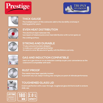 Prestige Tri Ply Splendor Sauce Pan, 180mm, 2 litres