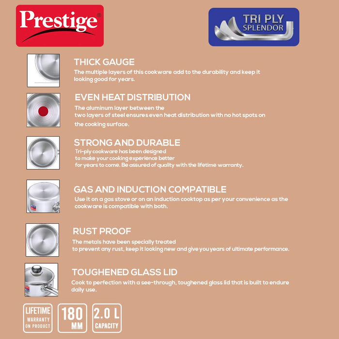 Prestige Tri Ply Splendor Sauce Pan, 180mm, 2 litres