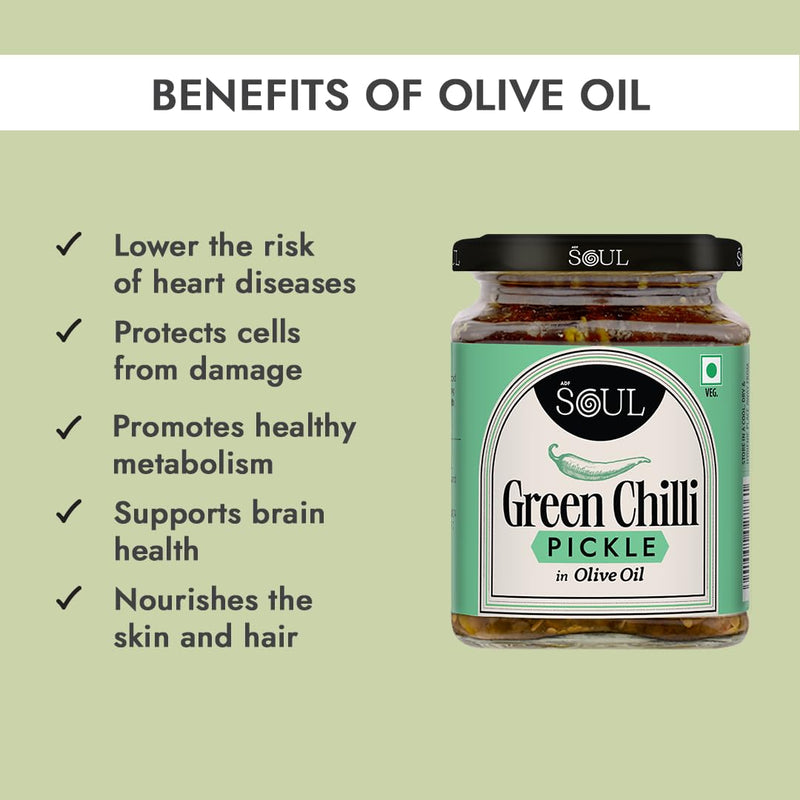 Soul Green Chilli Pickle in Olive Oil 265 Grams - A Spicy Fusion Infused with Premium Olive Oil