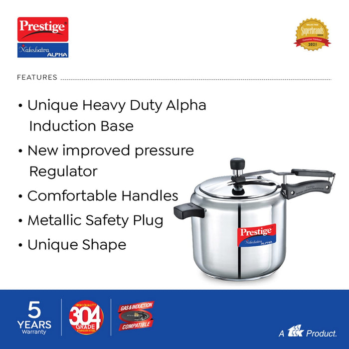 Prestige Nakshatra Alpha Stainless Steel Inner Lid Pressure Cooker, 7 Litres, Stainless Steel, 7 Liter | Eachdaykart