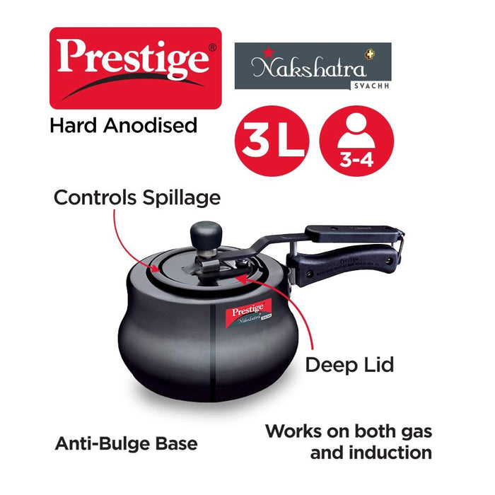 Prestige 3 Litres Nakshatra Plus Svachh Induction Base Inner Lid Hard Anodized Pressure Cooker | Black | Deep lid Spillage Control | Handi | Anti-Bulge Base | Sturdy Handle | Eachdaykart